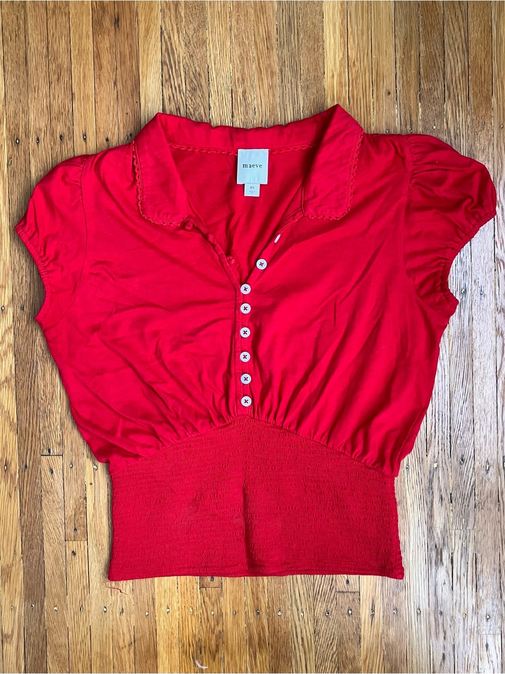 Maeve - Anthropologie. Bright Red Button-Front Cropped Smocked Waist Top